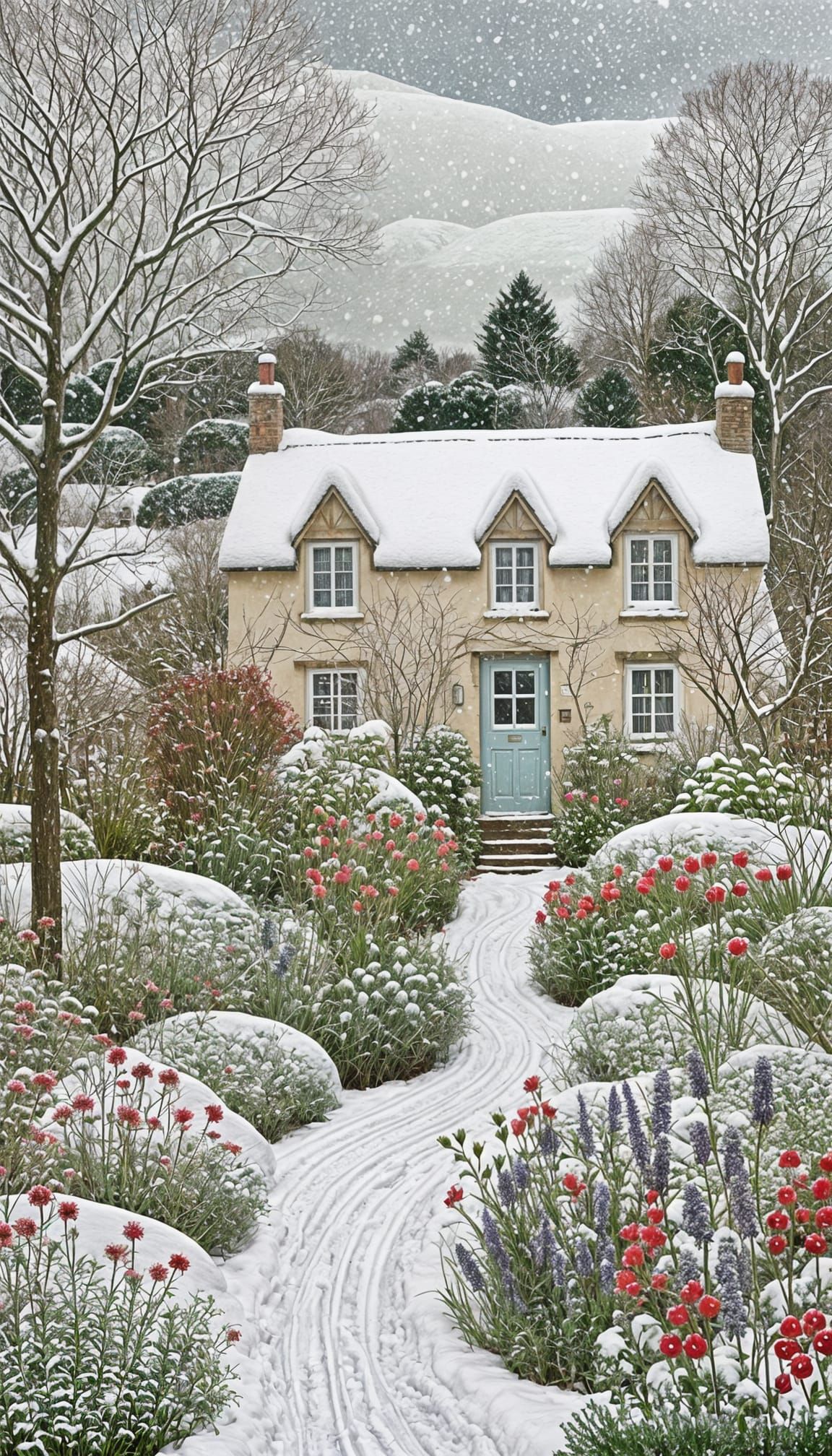 Winter Snowfall in Cotswold Cottage Garden