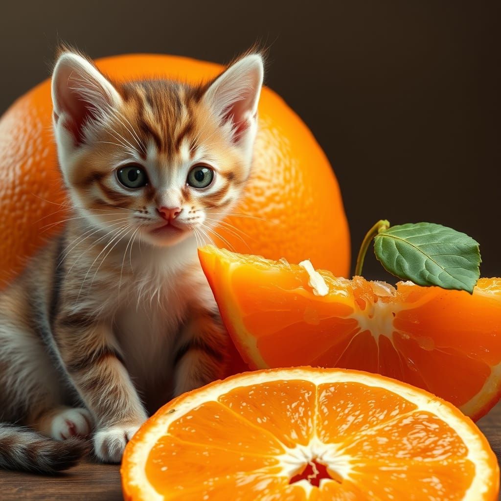 Cute Kitten Bites into a Juicy Orange in Hyperrealistic Deta...