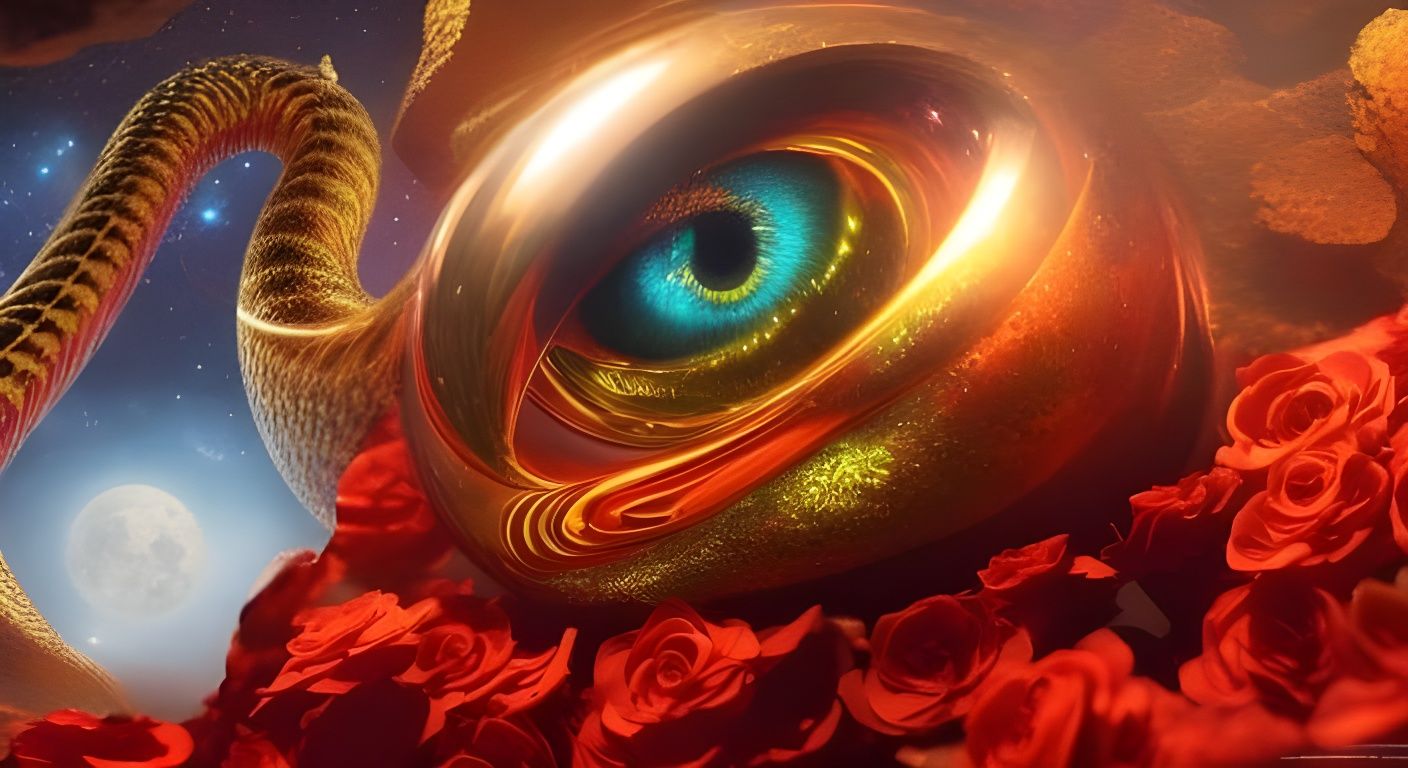 Golden Cobra in Moonlit Rose Garden: Fantasy Bioluminescence