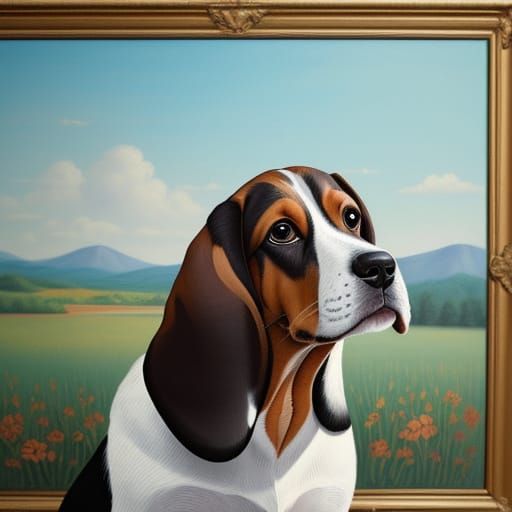 Naïve Art Basset Hound Beside Folk Art Painting