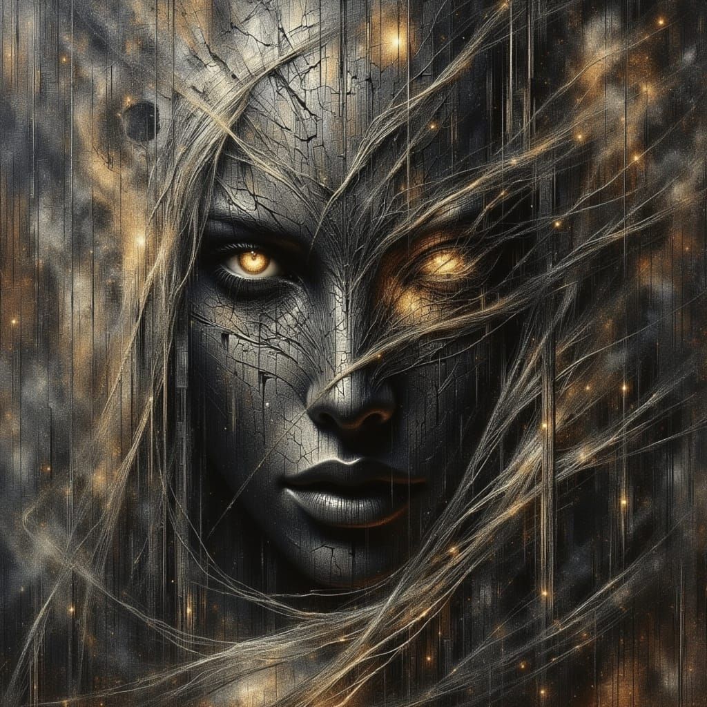 Mysterious Shadow Weaver in Surreal Encaustic Portrait