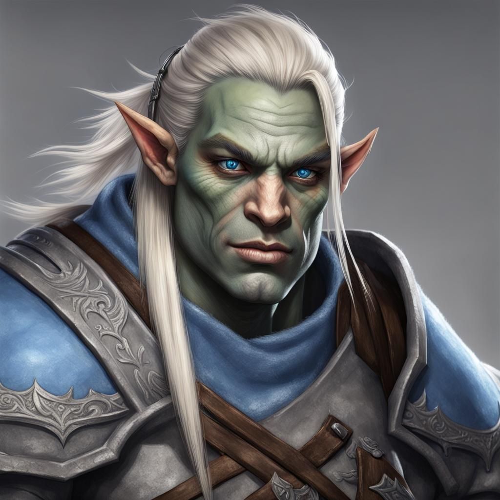 Half-Orc Character with Grey Skin and Blue Eyes