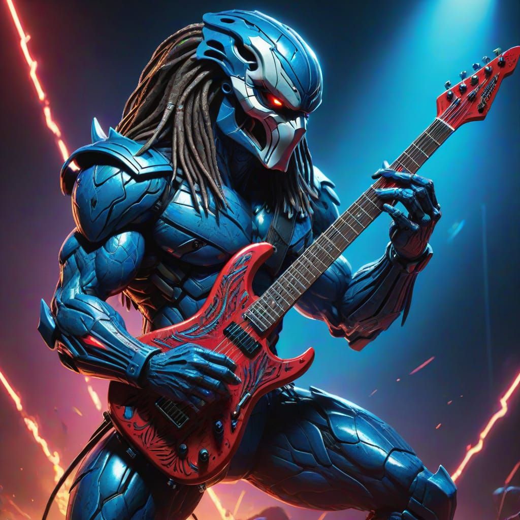 Predator Shreds Guitar on Futuristic Stage