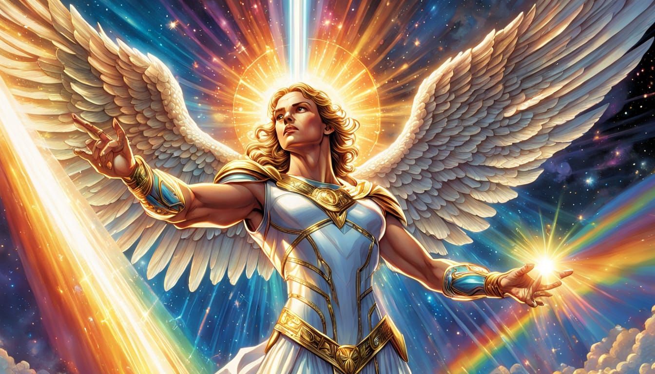 Celestial Angel Refracts Rainbow Light: Comic Book Art
