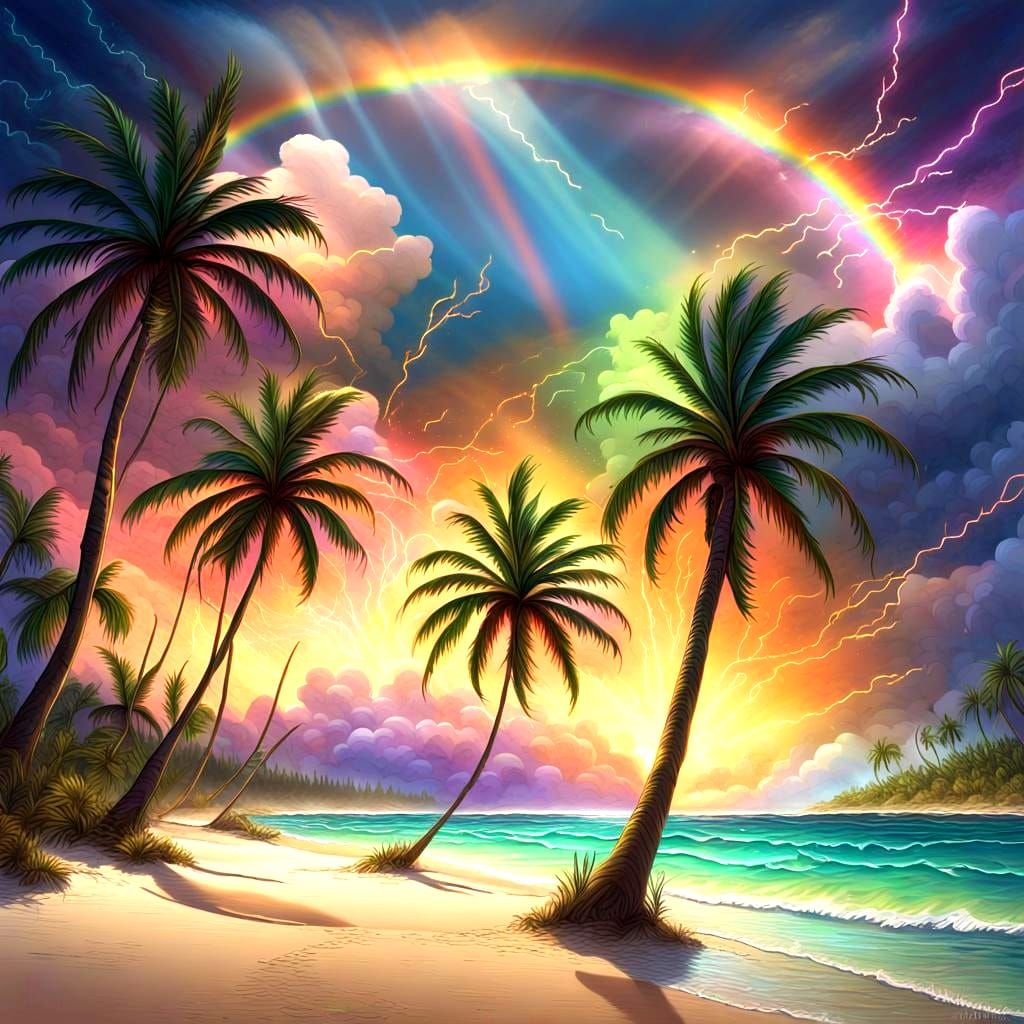 Tall palm trees swaying in the breeze, casting shadows over ...