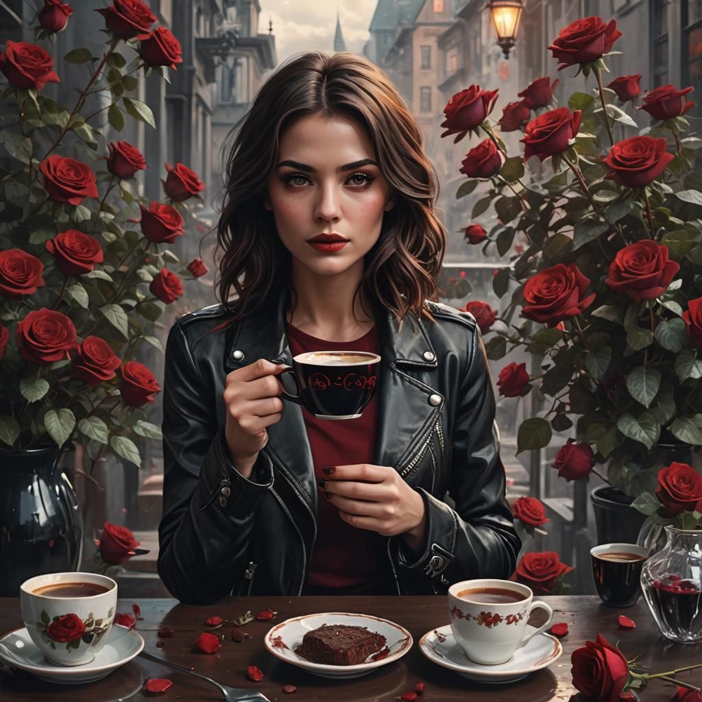 Brunette with Coffee and Roses: Matte Painting Style