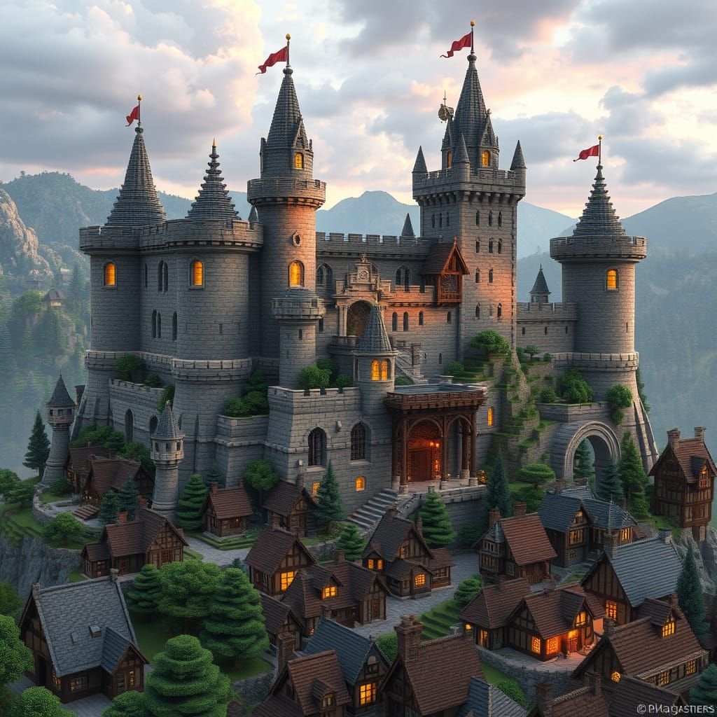 Minecraft Castle in Medieval City, Rustic Futurism