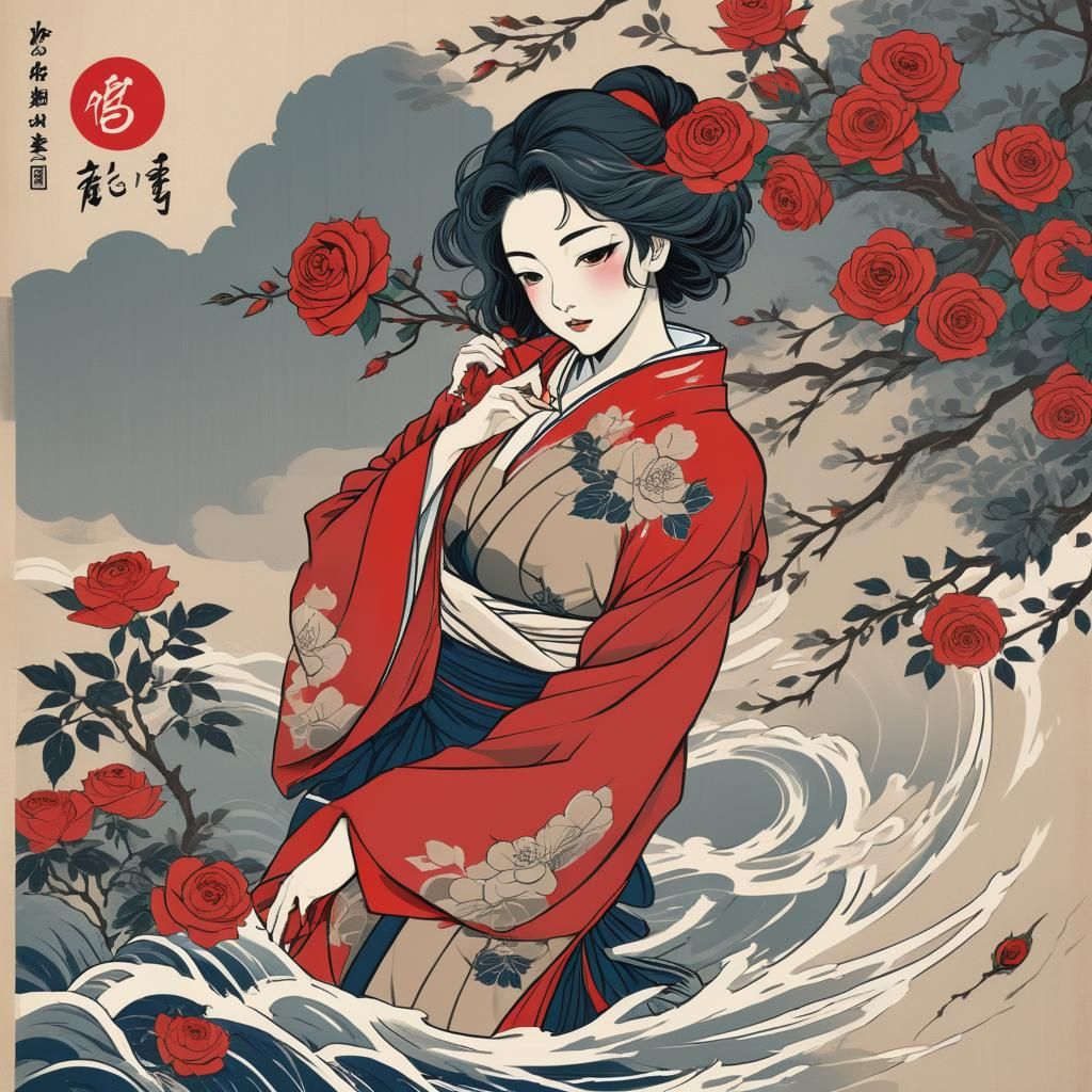 Red Rose in Ukiyo-e Japanese Woodblock Print