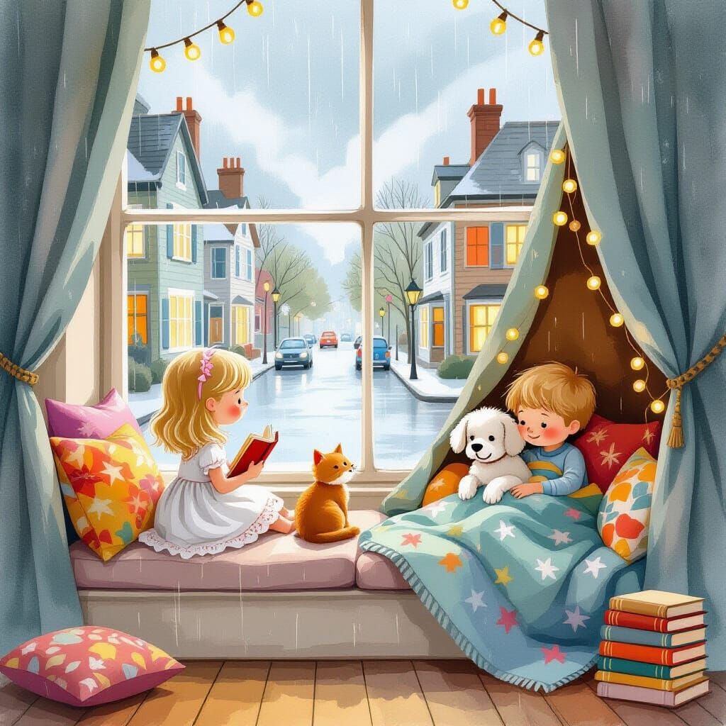 Whimsical Window Seat Scene with Children and Pets