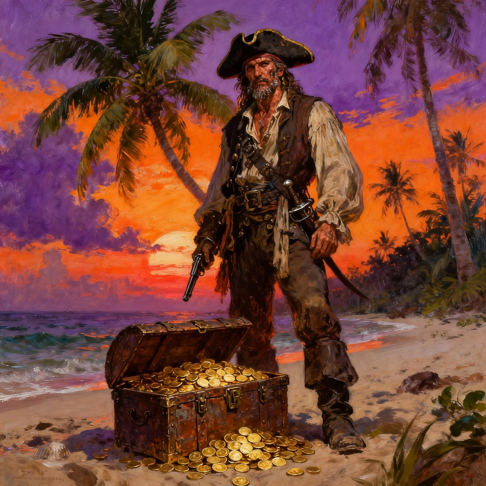 Pirate Treasure on Tropical Beach at Sunset