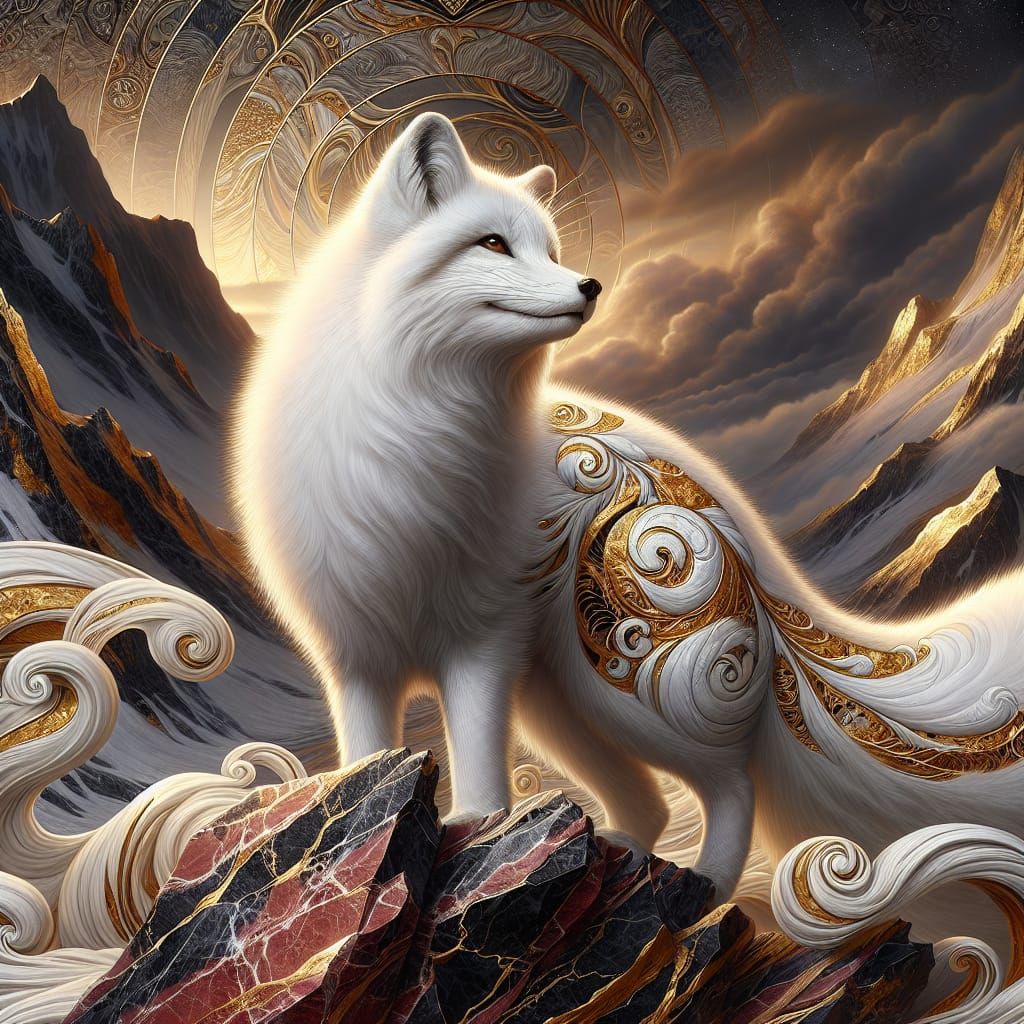 Arctic Fox with Gold Kintsugi in Marble Landscape