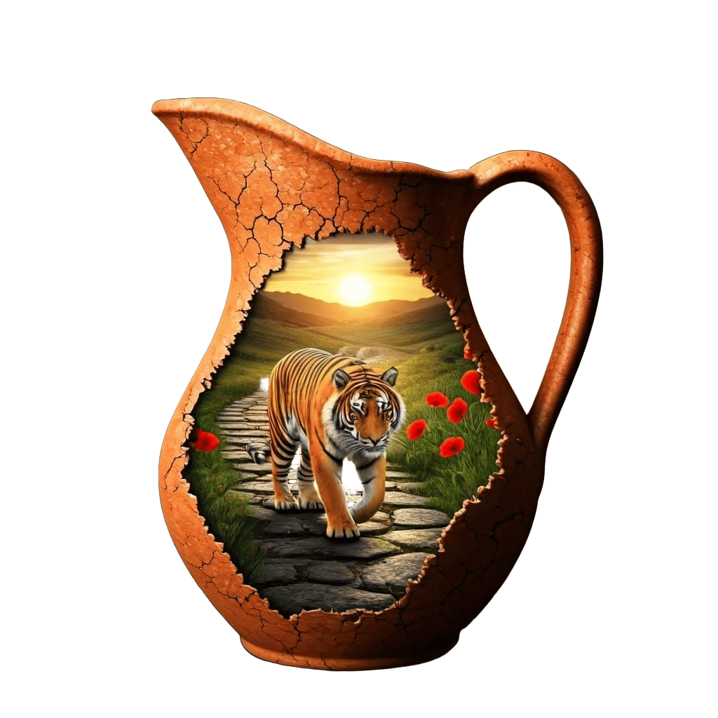 Tiger's Journey in Earthen Jug, Surreal Medieval Landscape
