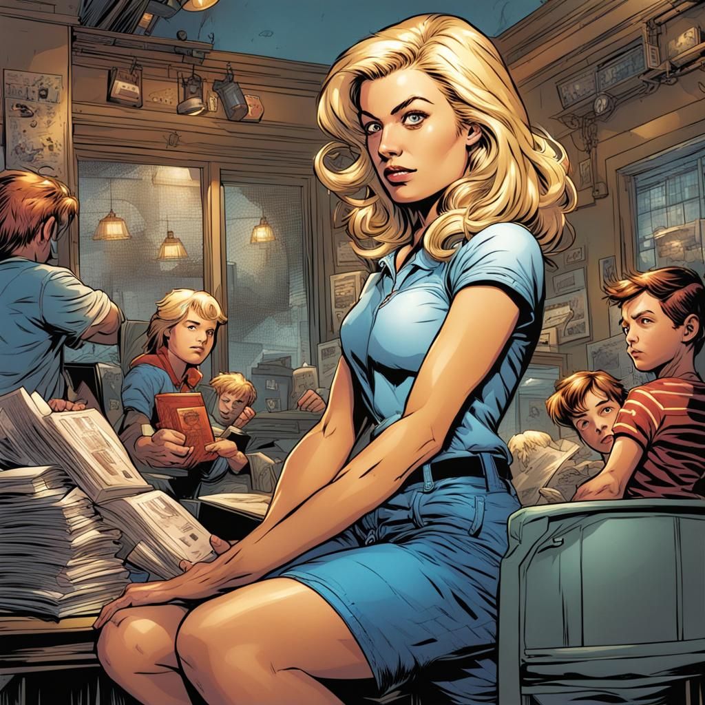 Blonde Woman Babysitter in Comic Book Style
