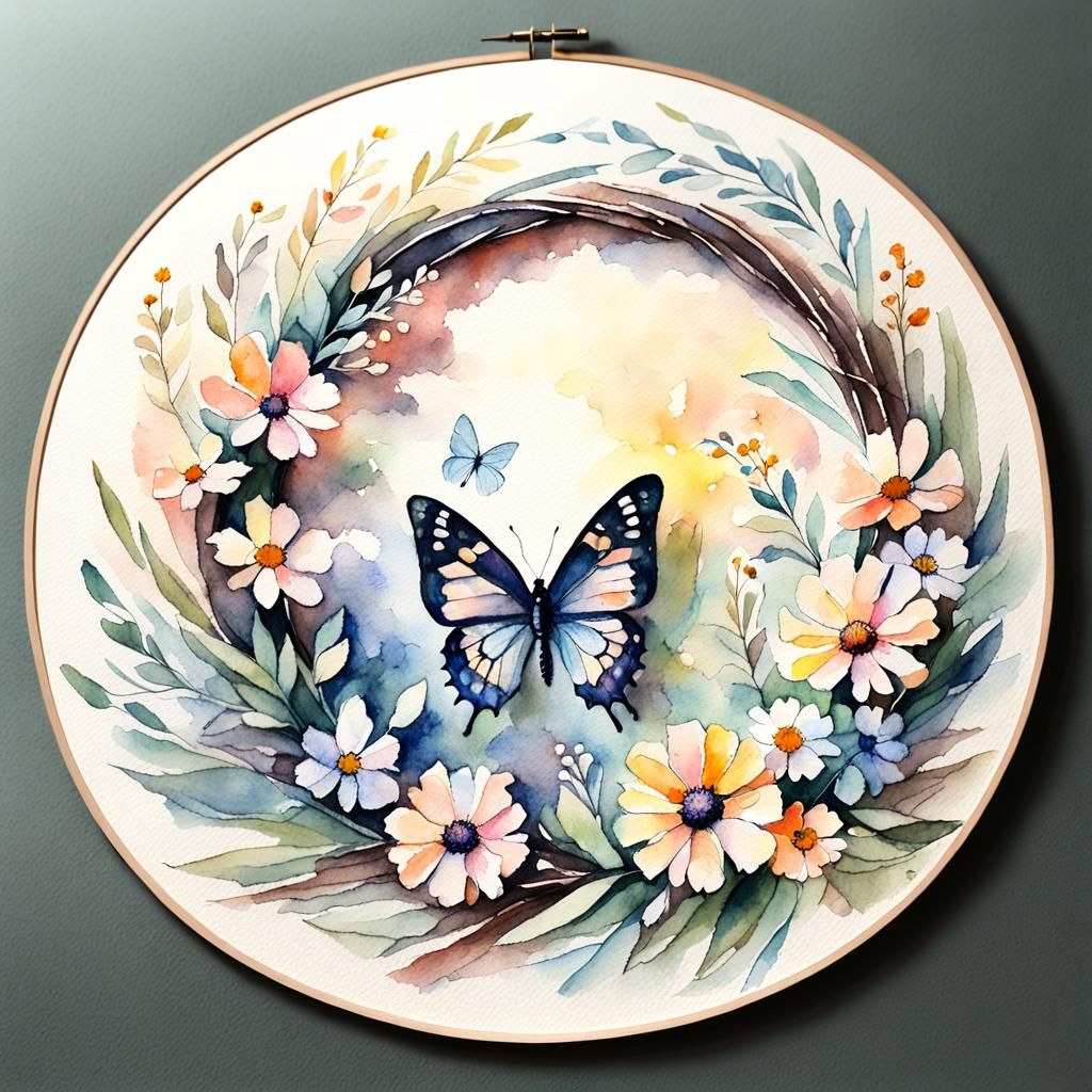 Impressionist Watercolor Wreath with Butterfly and Flowers