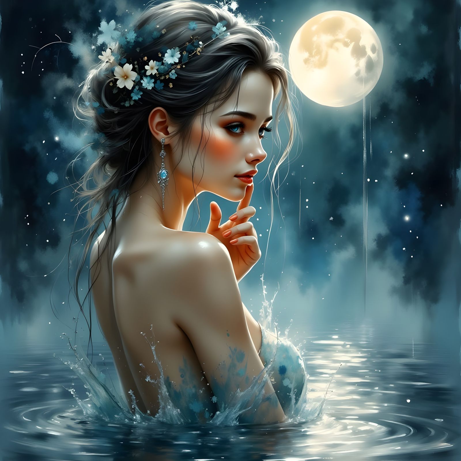 Water Sprite Lost in Moonlight Under Full Moon