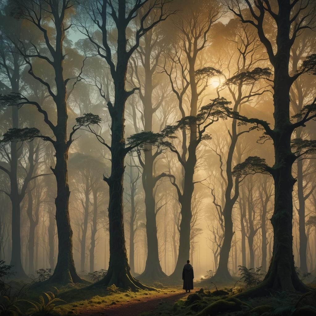 Mystical Forest Figure in Symbolic Style