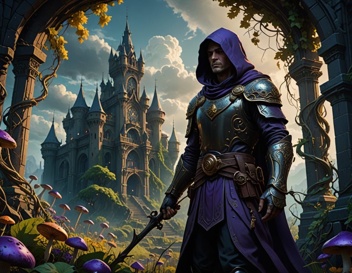 Surreal Dark Fantasy Figure in Ruined Castle with Vines and ...