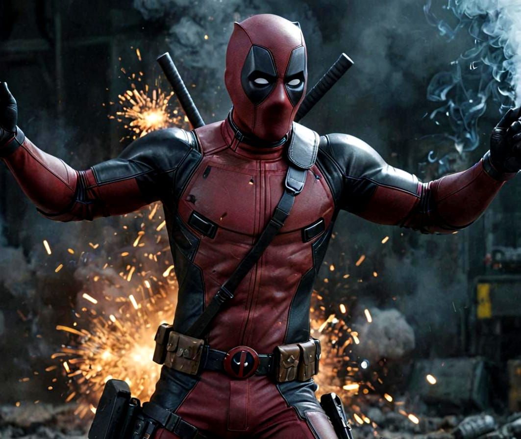 Deadpool Fighting in Cyberpunk Style, Extreme Close-Up