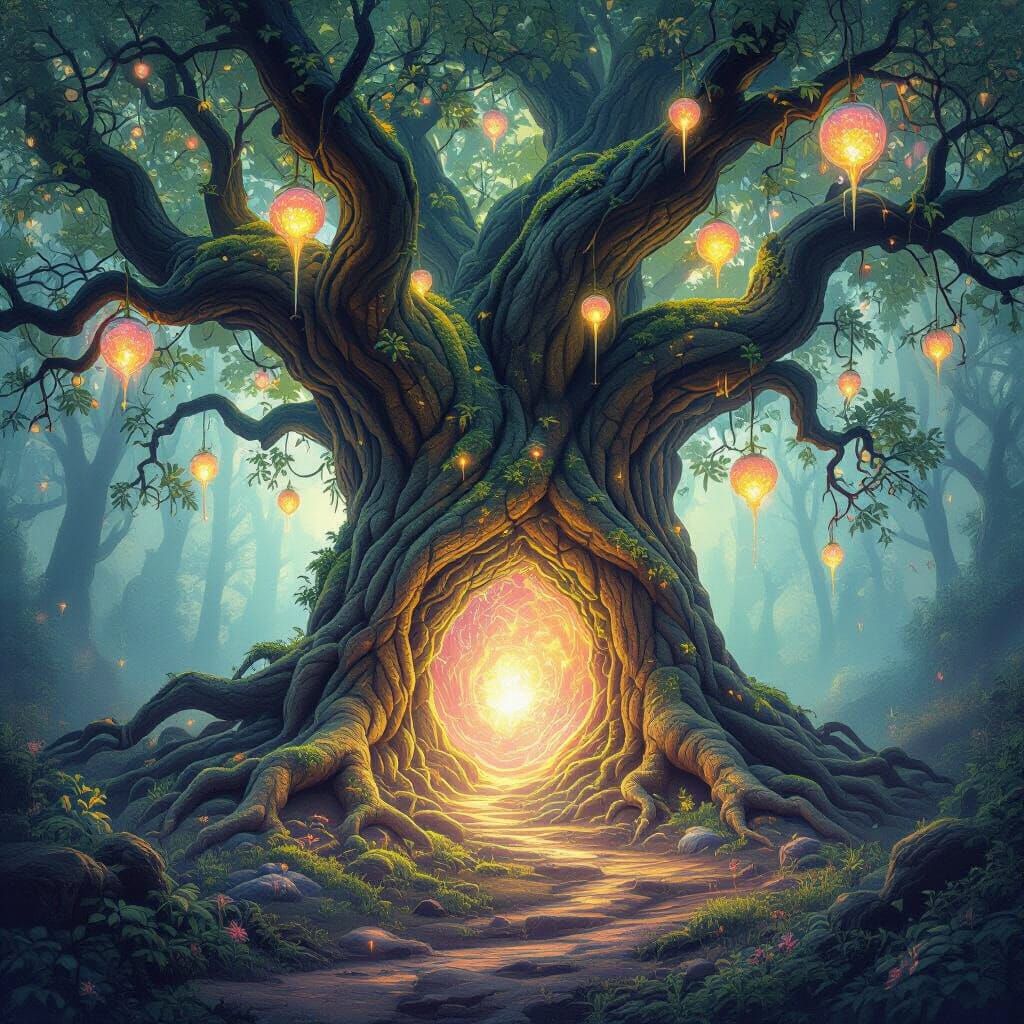 Ancient Cosmic Tree Portal in Dreamlike Forest