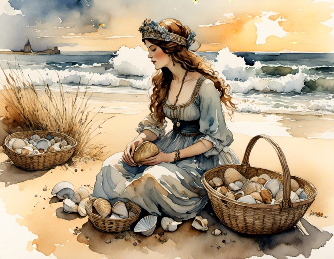 Breton Woman Shells: Watercolor Impressionism