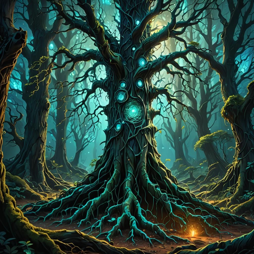 Mystical Glowing Tree in Futuristic Ancient Forest