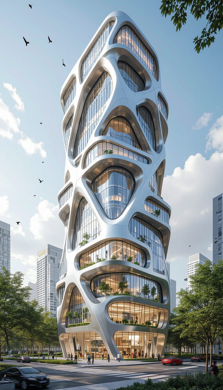 Futuristic Twisted High-Rise Building in Silver and Glass