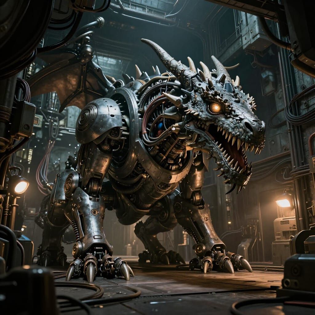 Robotic Dragon Awakens in Detailed Underground Bunker