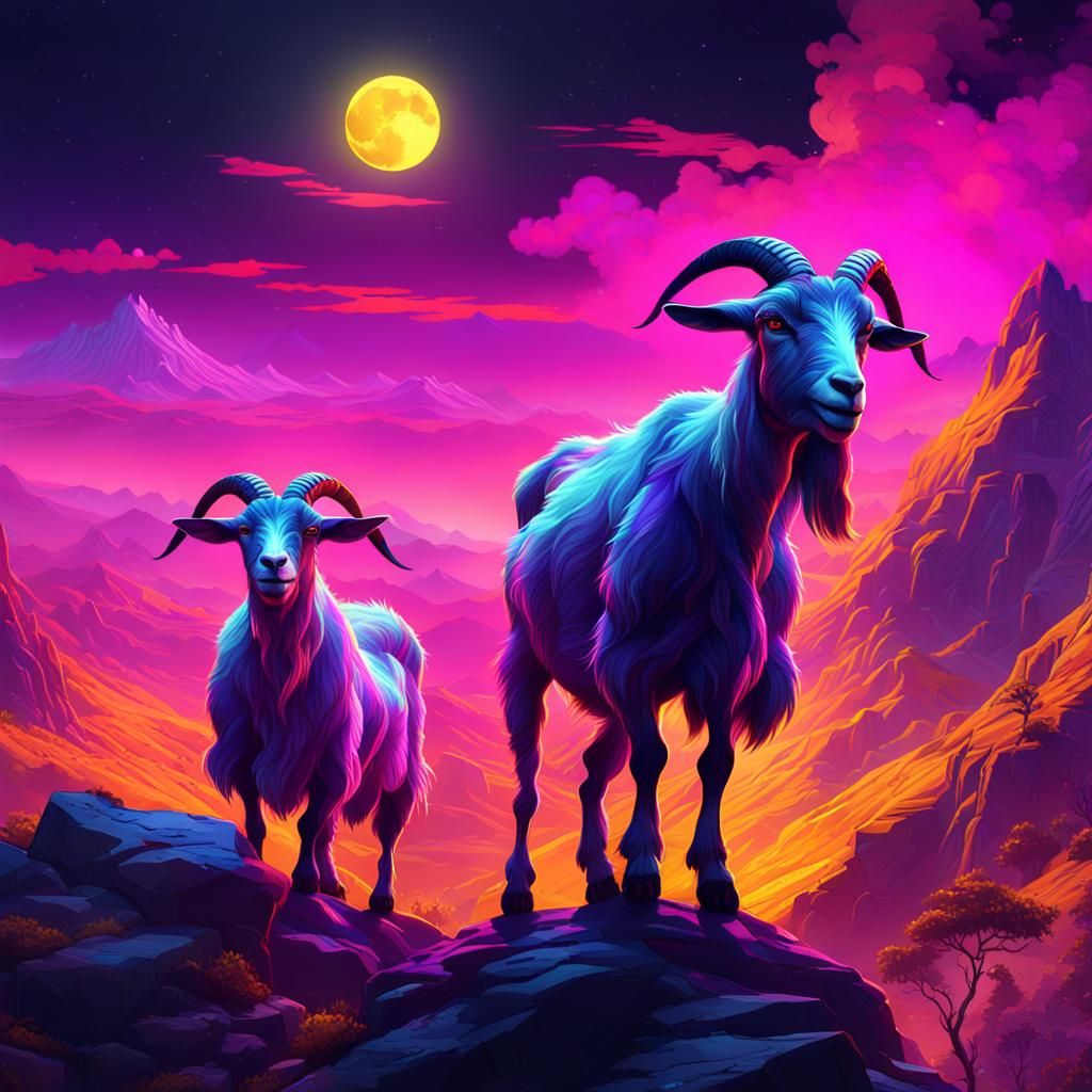 Goats in Sunglasses Under Neon Moon: Dark Fantasy Art