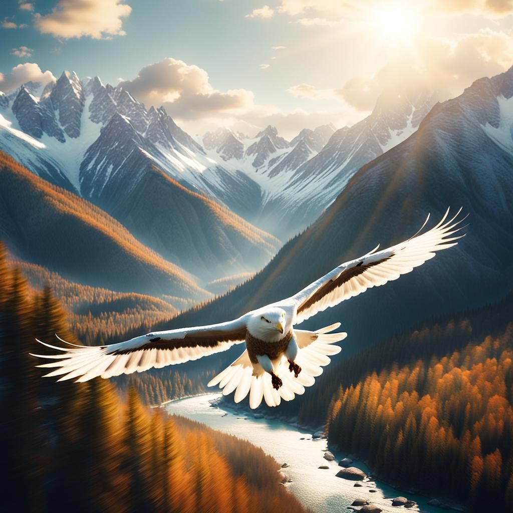Majestic White Eagle Soaring Over Snow Mountains
