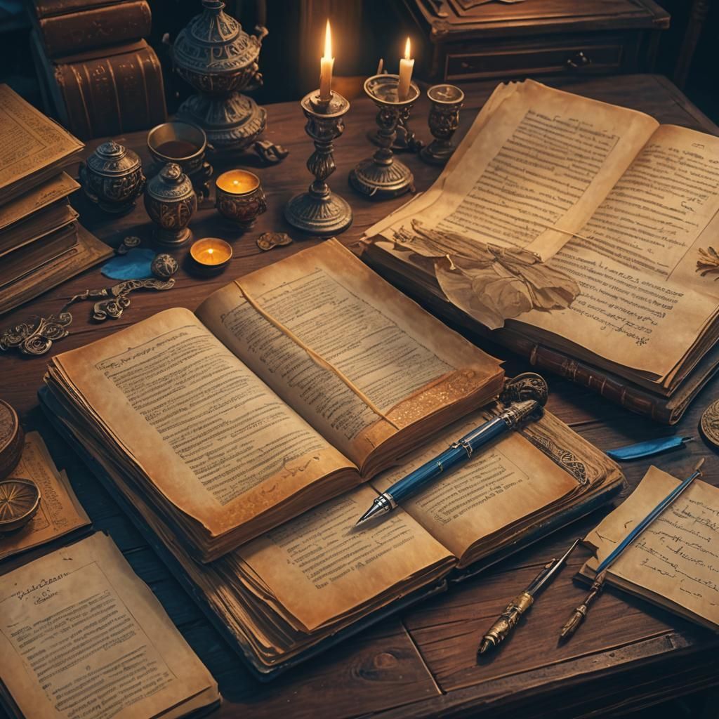 Mystical Study with Ancient Tome and Silver Pen