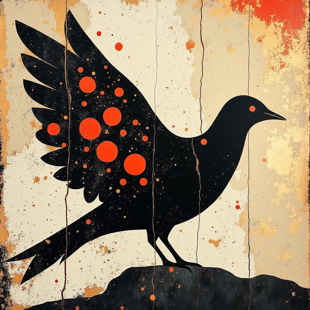 Vibrant Black Bird with Red Plumage in Expressionist Style