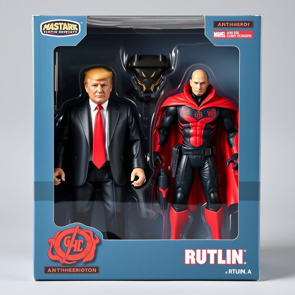 Trump and Putin Superhero Figures in an Action Figure Box
