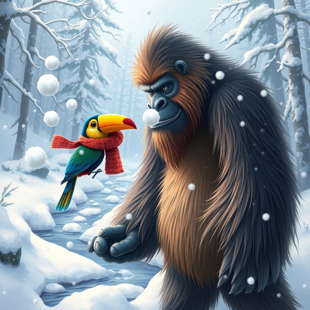 Toucan and Yeti Snowball Fight in Winter Forest