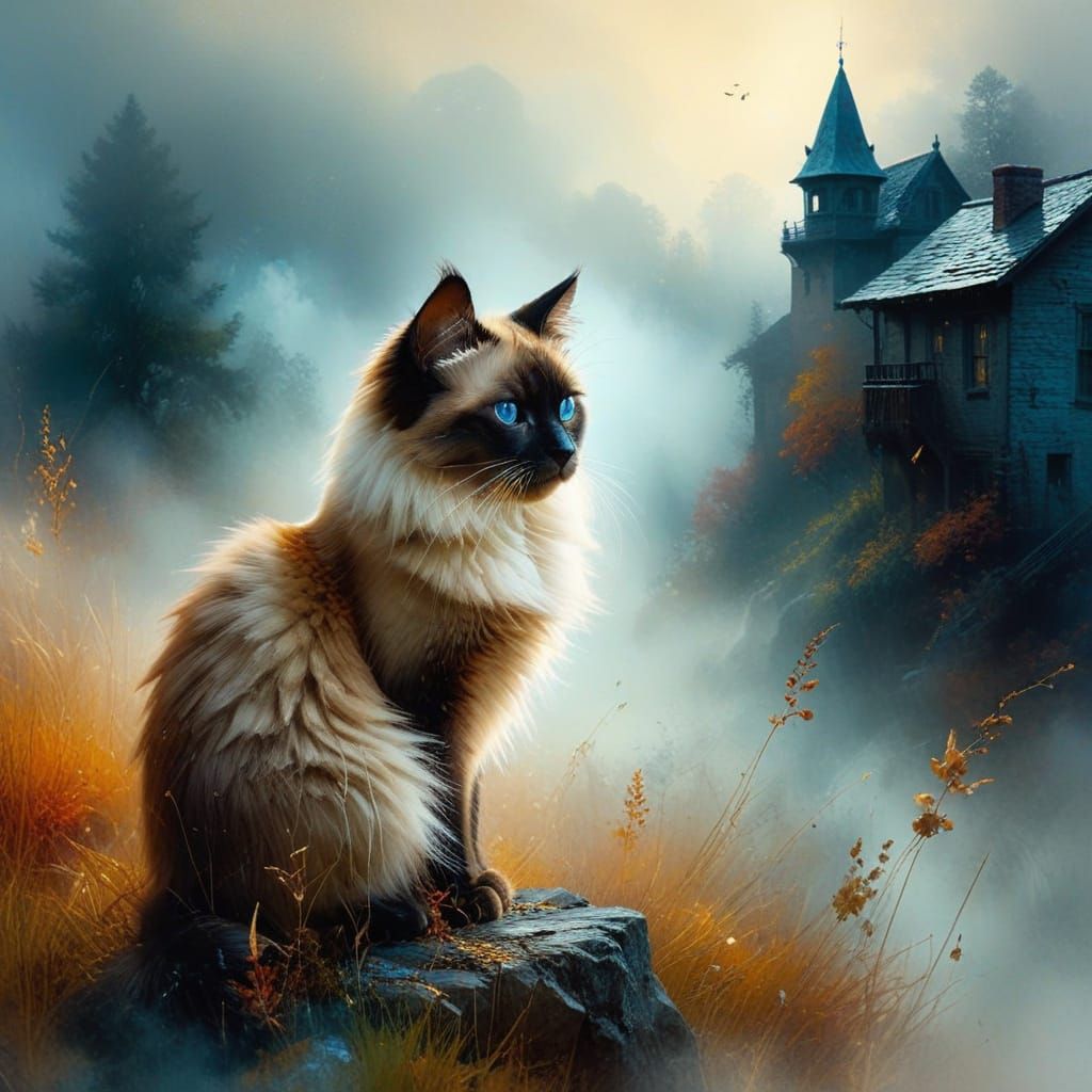 Surreal Siamese Cat Portrait in Autumnal Fog