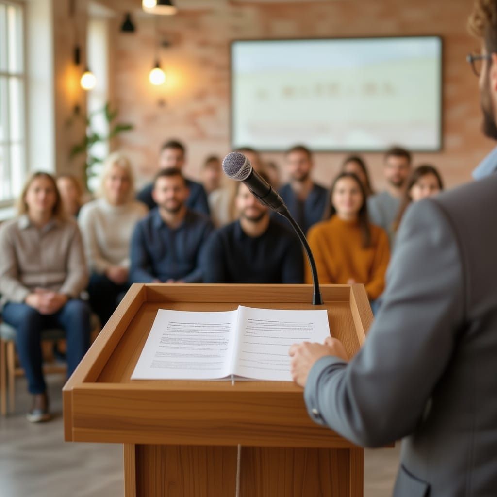 Public Speaker's View: Lectern Focus, Blurred Gen-Z Audience