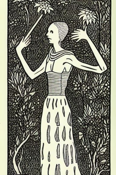 Queen of Wands Tarot in Edward Gorey Style