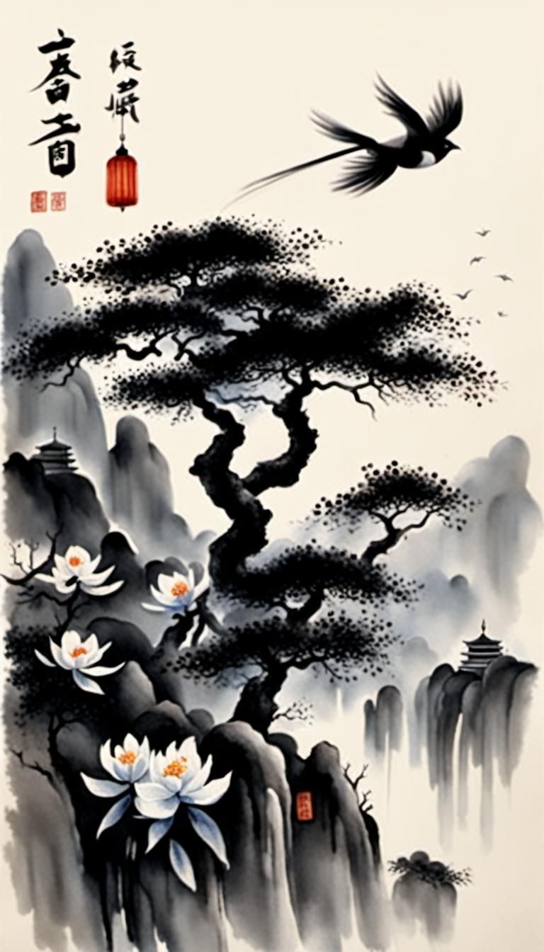 Elegant Chinese Ink Painting of Flowers in Wind