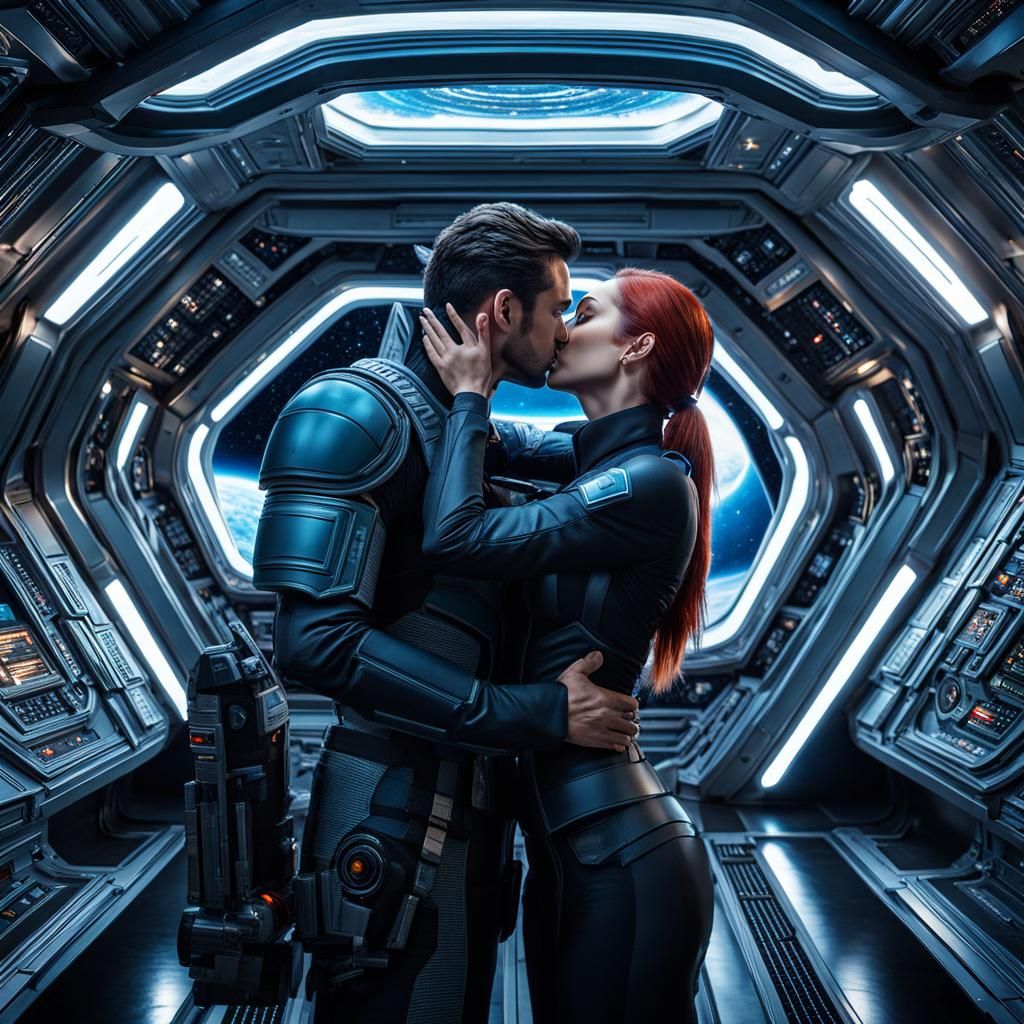 Romantic Kiss on a Starship in Sci-Fi Style
