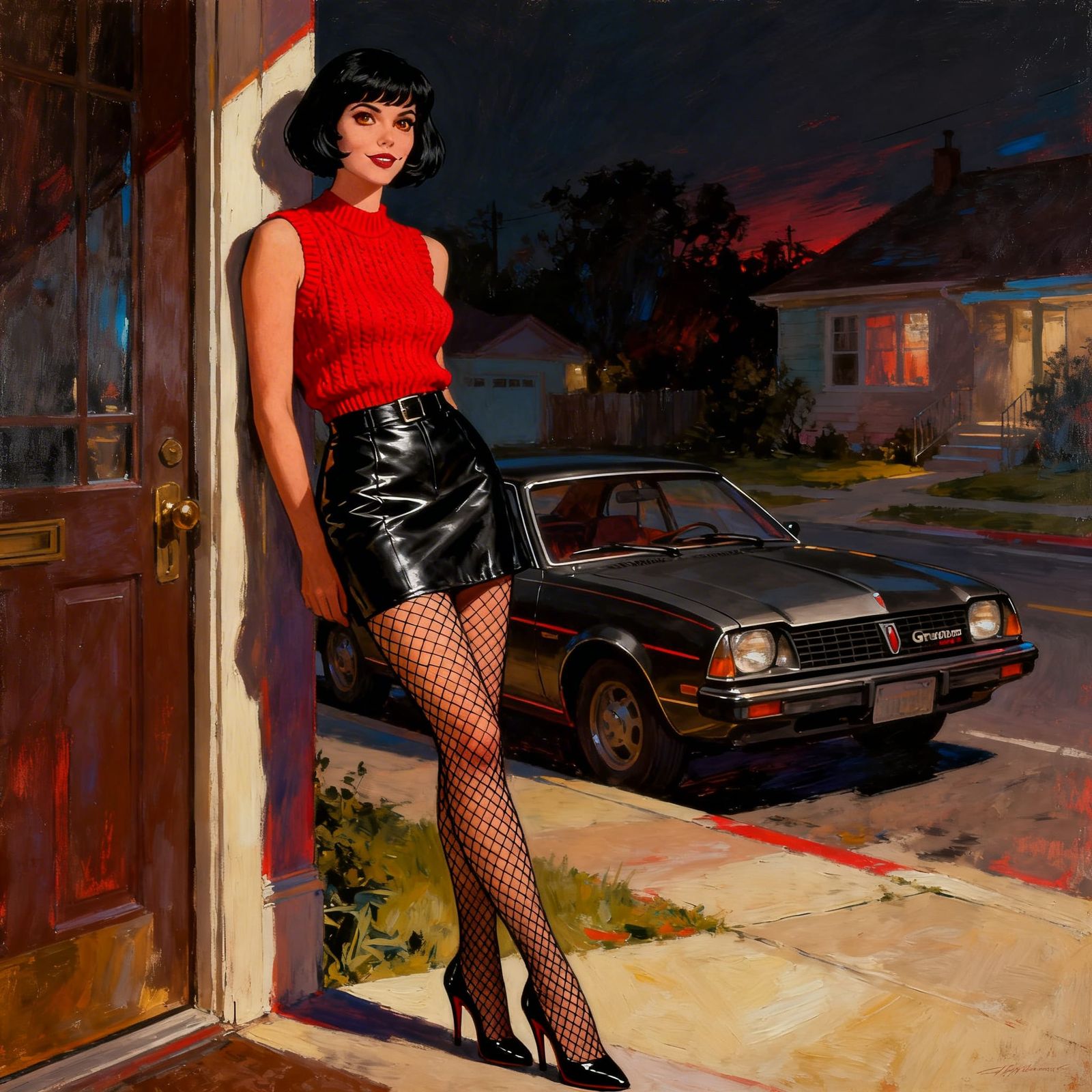 Pulp Art Woman Leans on Doorway with 70s Car