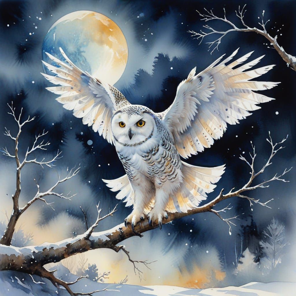 Moonlit Snow Owl in Vibrant Watercolor