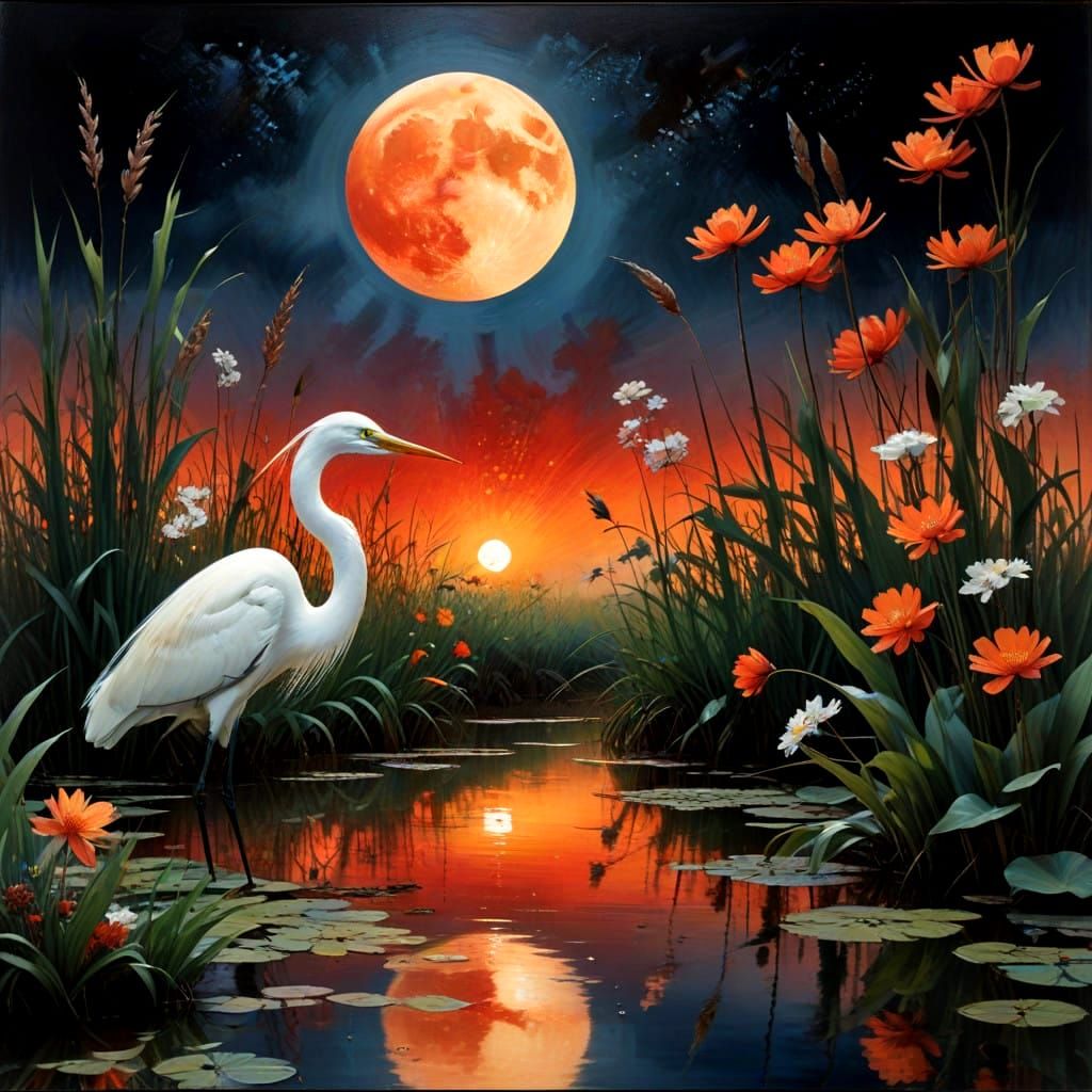 vibrant alcohol ink. Butterfly's, wild flower, One Great Egretbird And one Mandarin duck

A serene wetland scene dominat...