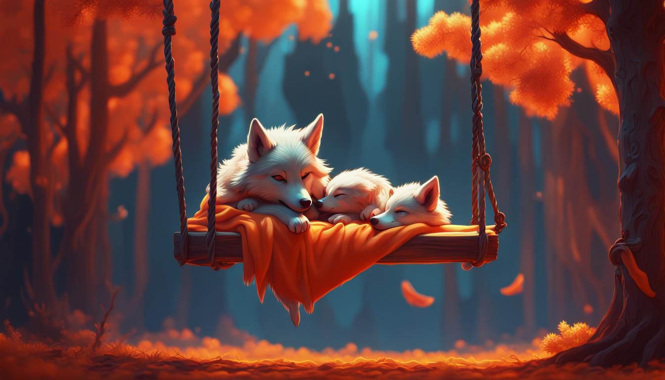 Baby Wolf and Mother Sleeping in Orange Forest