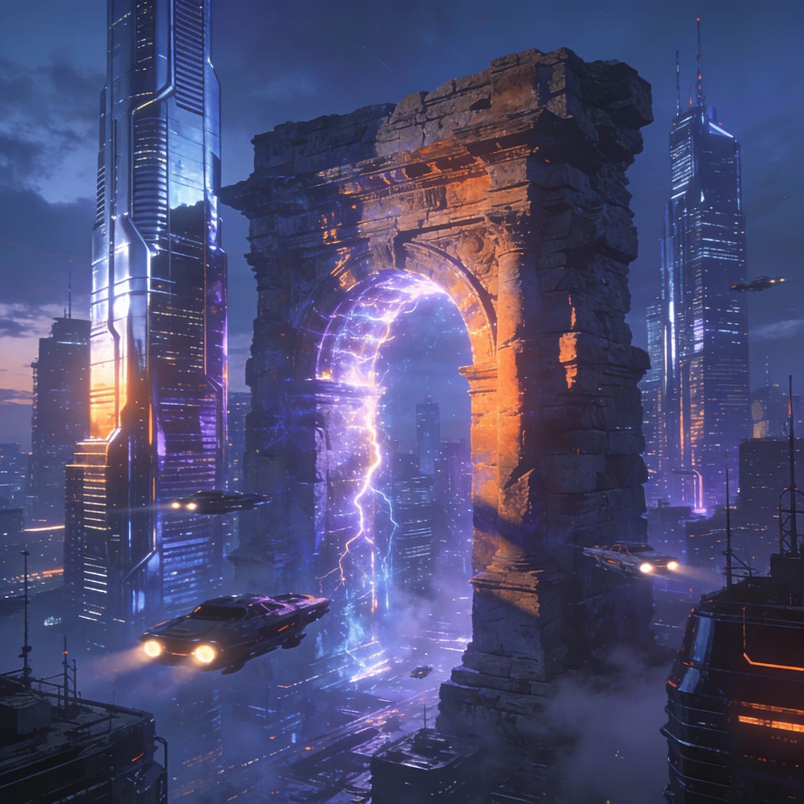 Futuristic Metropolis Around Ancient Portal