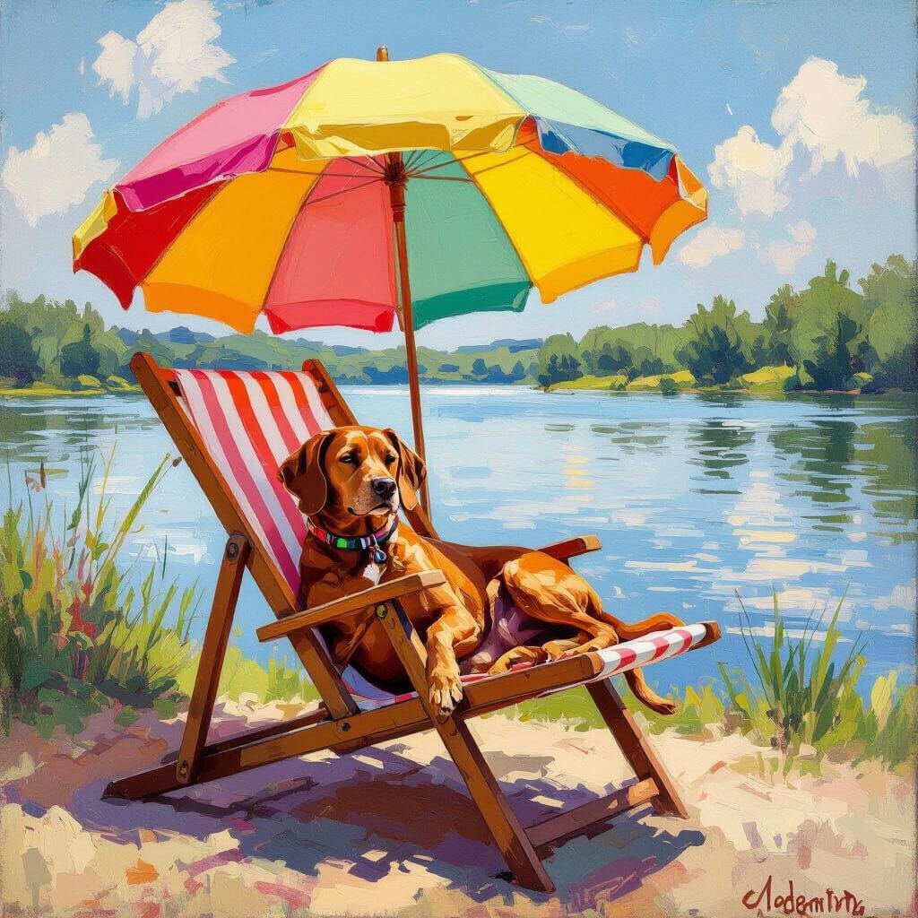 Vizsla Dog Relaxing by Lake in Impressionistic Oil Painting