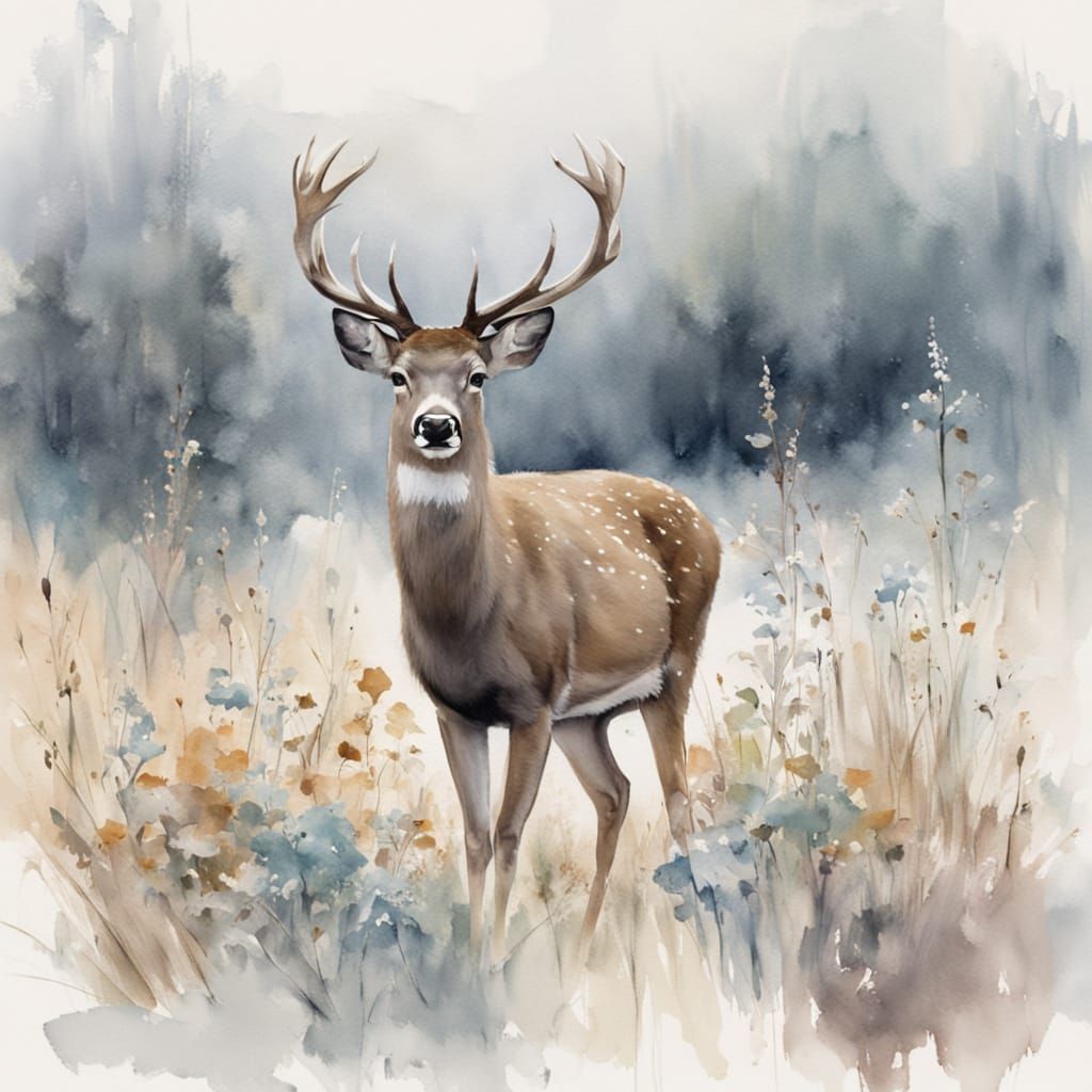 Deer in Snow Watercolor Painting