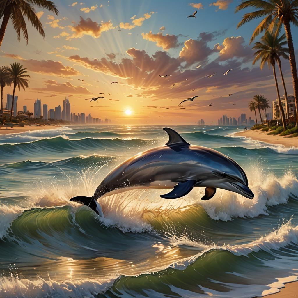 Dolphin Leaps at Dubai Beach in Golden Light