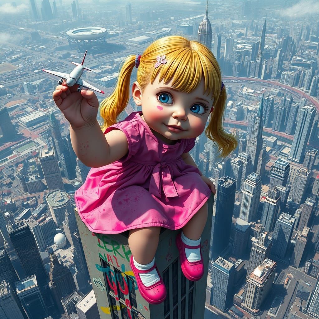 Giant Girl on Skyscraper in Graffiti Style