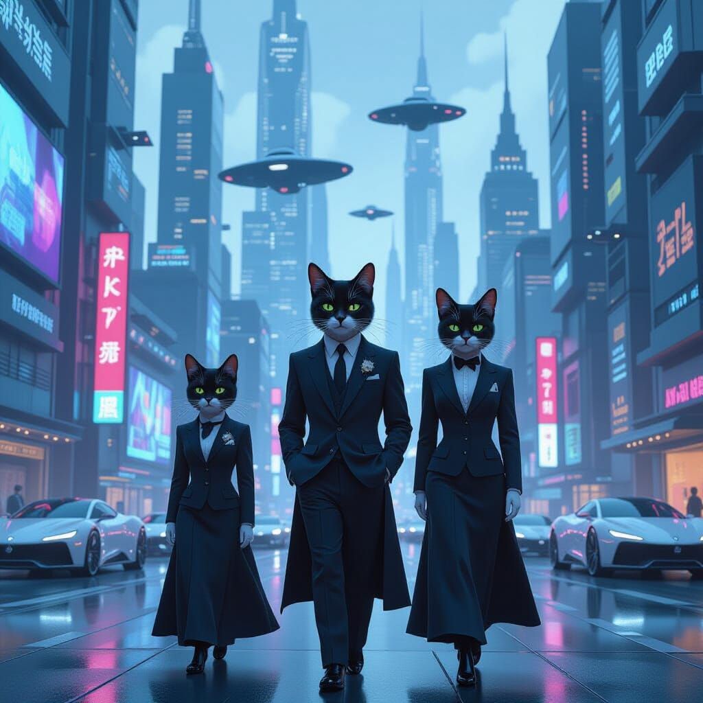 Futuristic Feline Cityscape in Cyberpunk Style