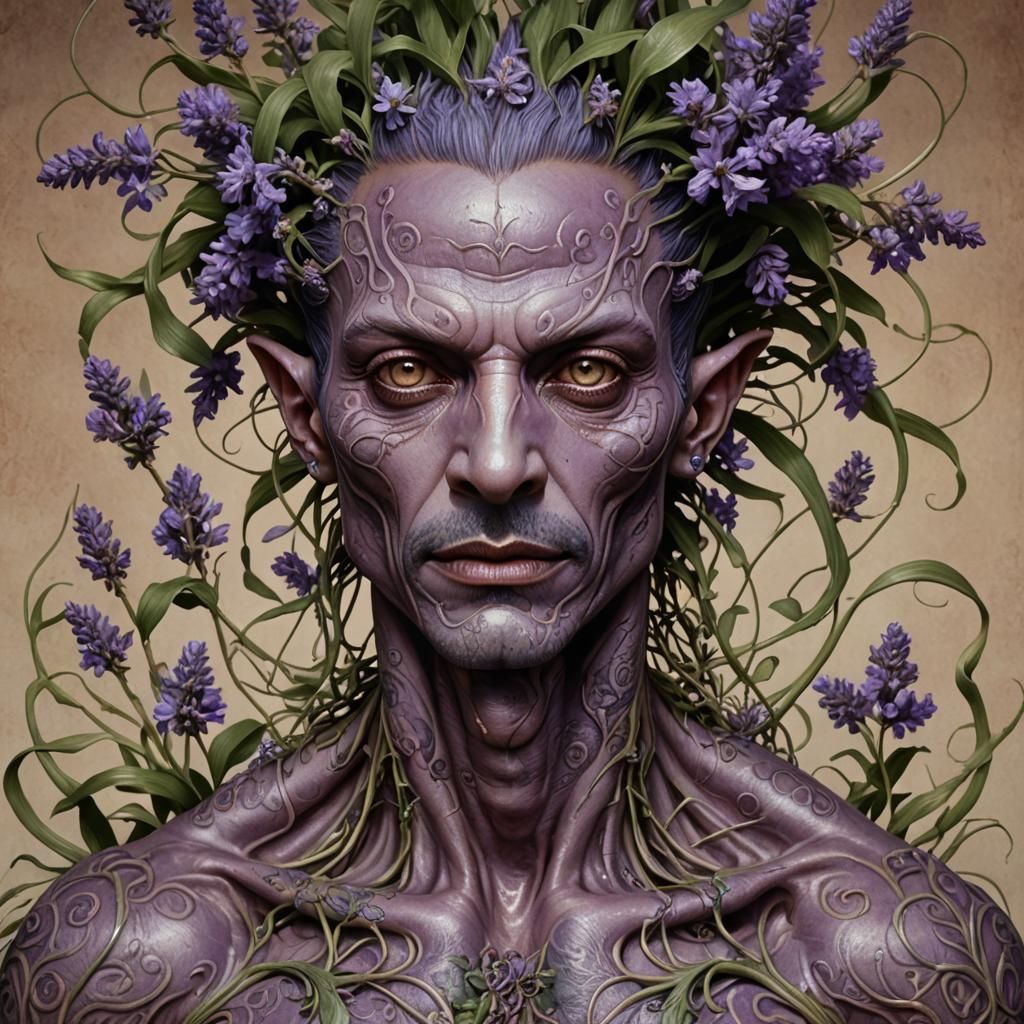 Lavender Alien Portrait with Floral Tattoos