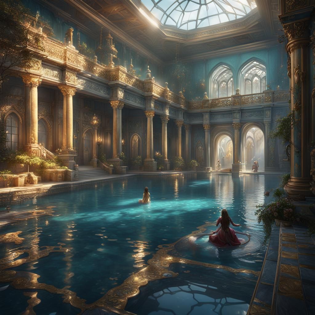 Palace Scene with Pool and Bathing Beauties